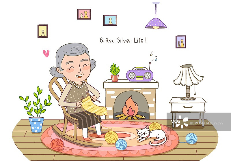 中年妇女编织羊毛插画图片素材
