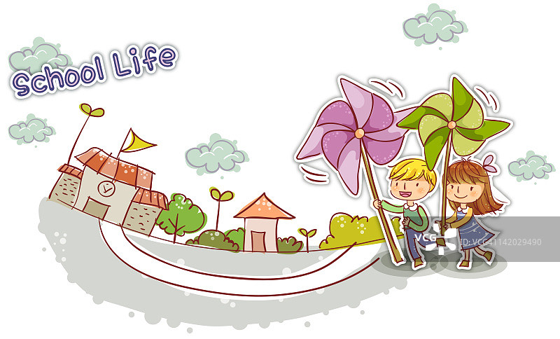 孩子们拿着风车上学插画图片素材