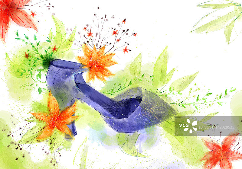 鲜花背景上的高跟鞋图片素材