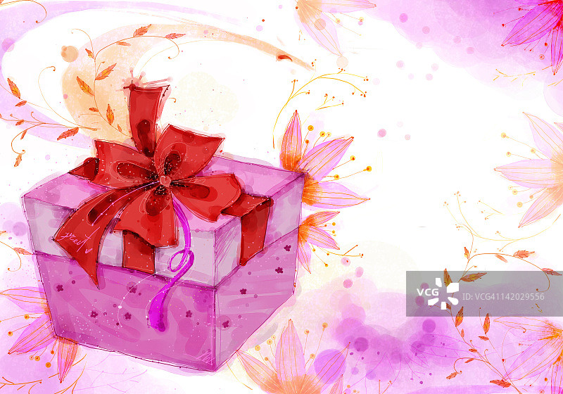 带红色丝带的礼品盒与花卉背景图片素材