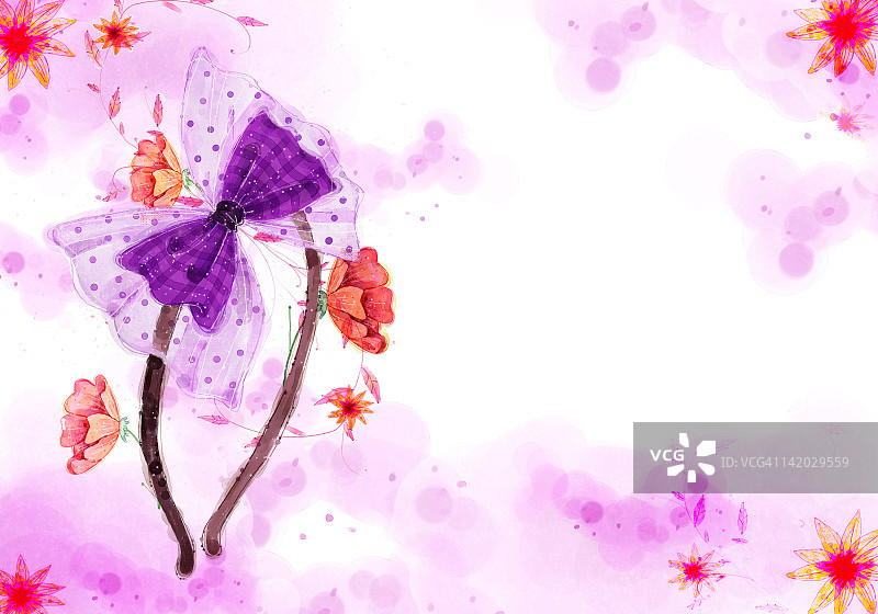 带蝴蝶结的发带与花卉背景图片素材