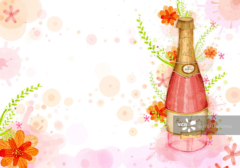 花卉背景上的香槟酒瓶图片素材