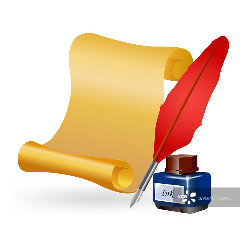 带墨水和纸的羽毛笔插画图片素材