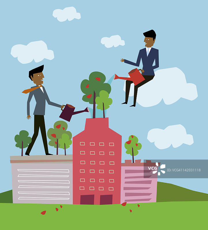 商人在建筑上给植物浇水图片素材