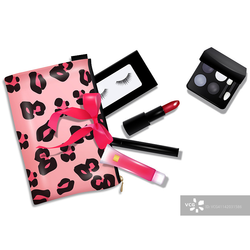 带红色丝带的钱包、口红、睫毛、口红和睫毛刷图片素材