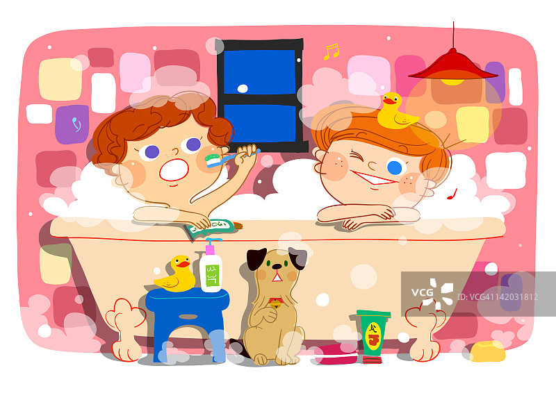 浴缸里的男孩插画图片素材