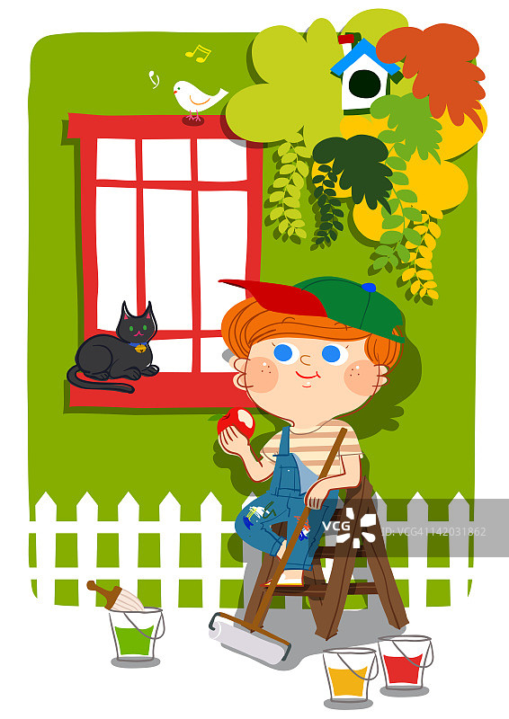 男孩吃苹果插画图片素材