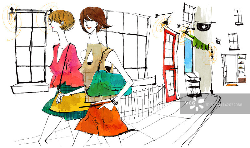 两名女子在人行道上图片素材