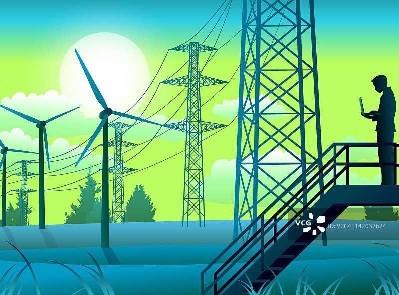 风力涡轮机、铁塔线路和使用笔记本电脑的男子插画图片素材