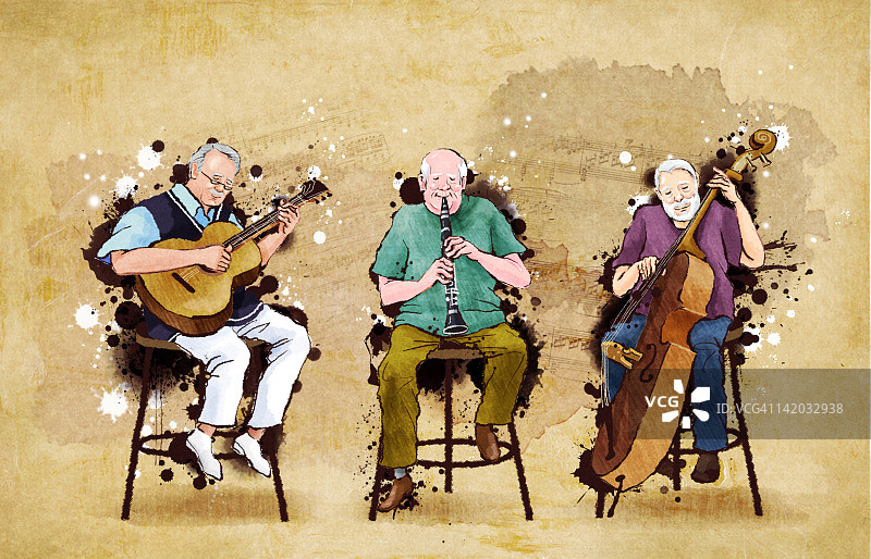 老年男人坐在凳子上演奏乐器图片素材
