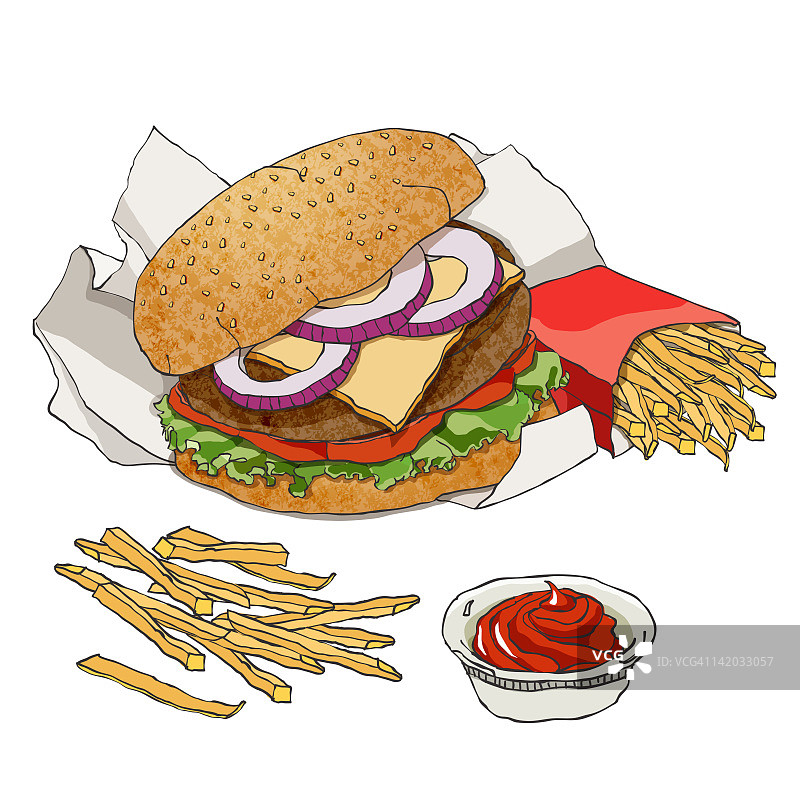 汉堡和薯条配酱汁图片素材