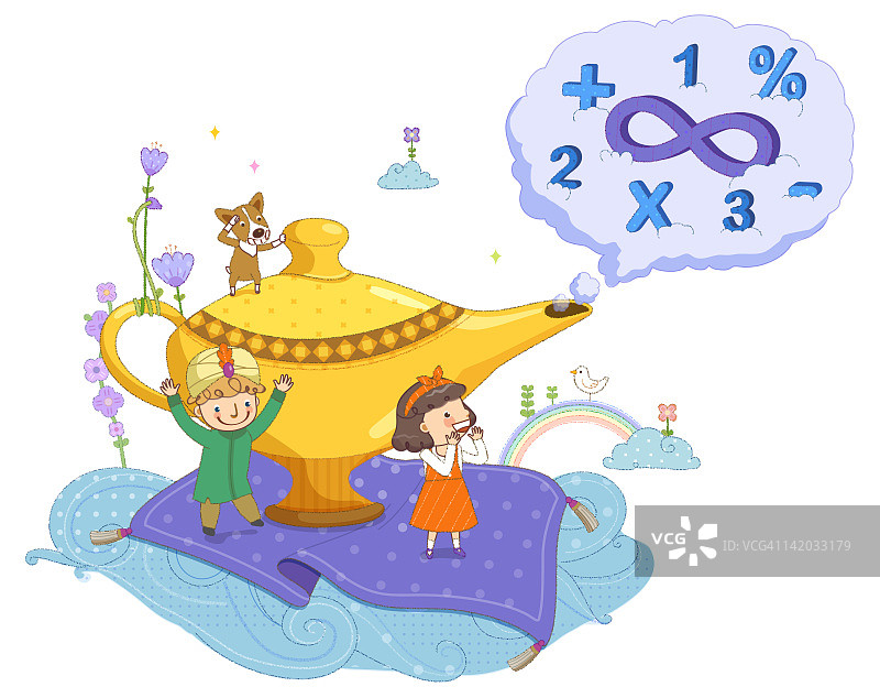 魔幻神灯与飞毯上的儿童图片素材