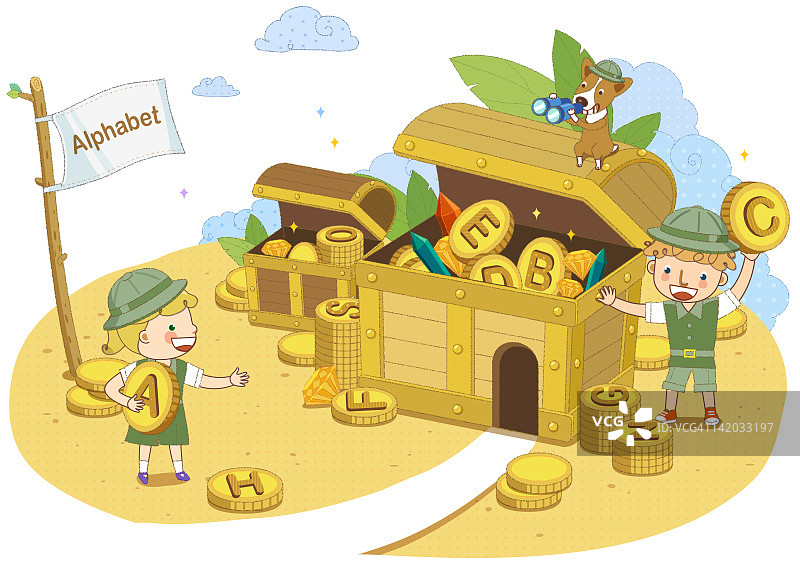 拿着金色字母宝藏的孩子们图片素材