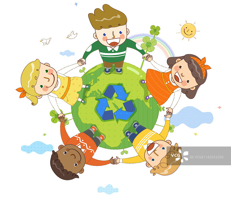 孩子们手牵手站在地球仪上图片素材