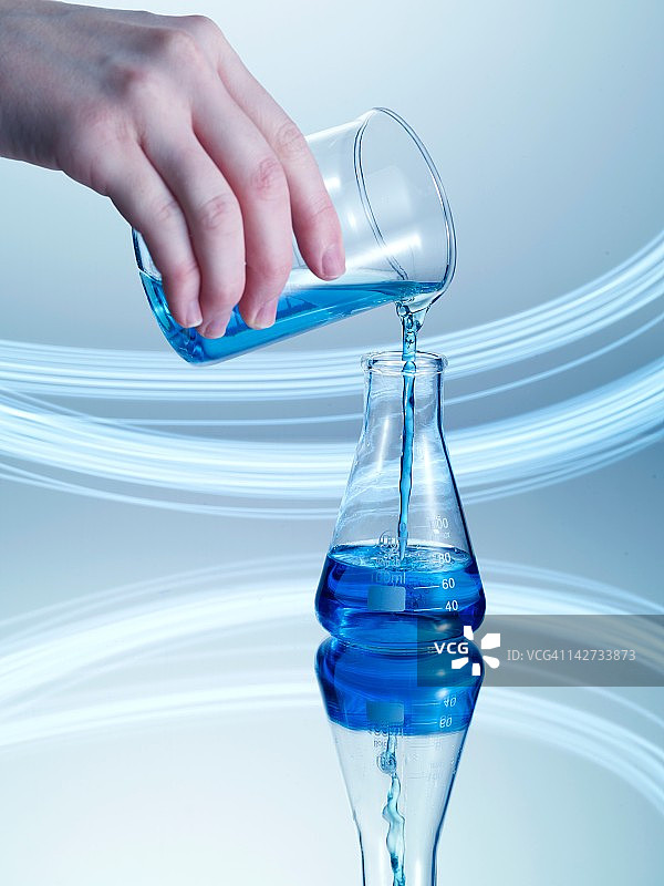 手将蓝色液体倒入玻璃烧杯图片素材