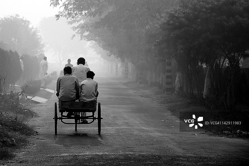 乘坐人力车的三名男人图片素材