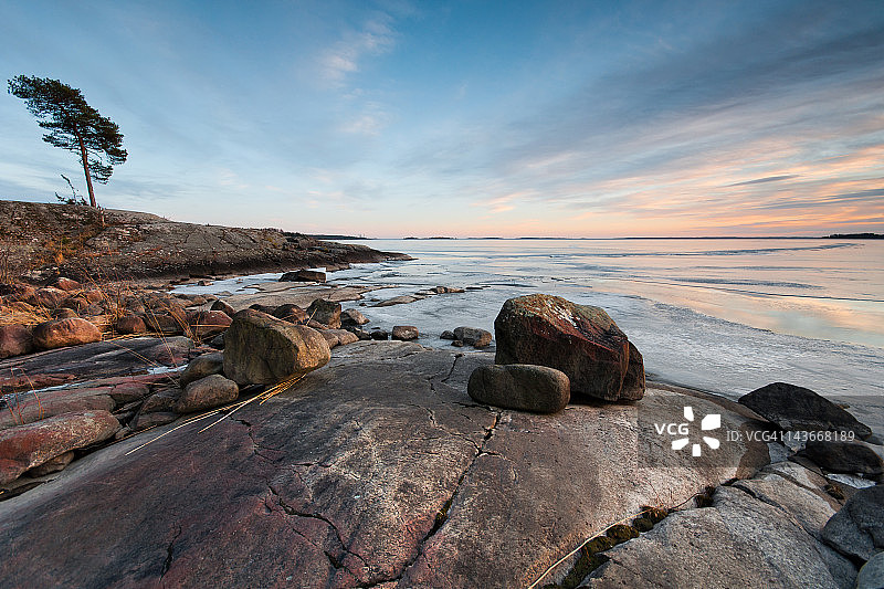 冰雪冬日韦ner恩湖日落图片素材