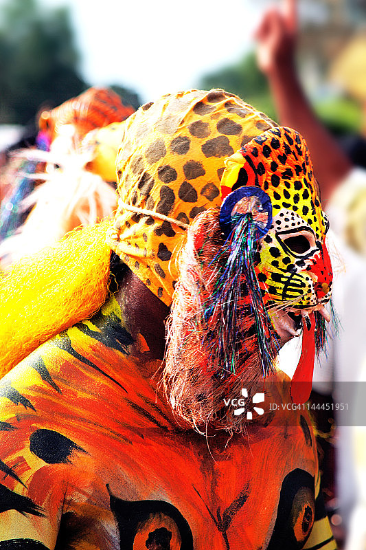 在欧南节期间打扮成老虎的男人图片素材