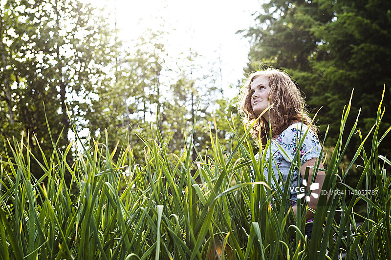 在爱达荷州有机花园里眺望远方的少女图片素材
