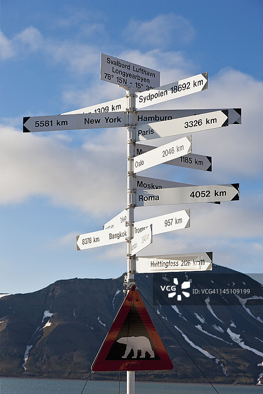 欧洲，挪威斯匹次卑尔根群岛朗伊尔城：北极熊警示牌图片素材