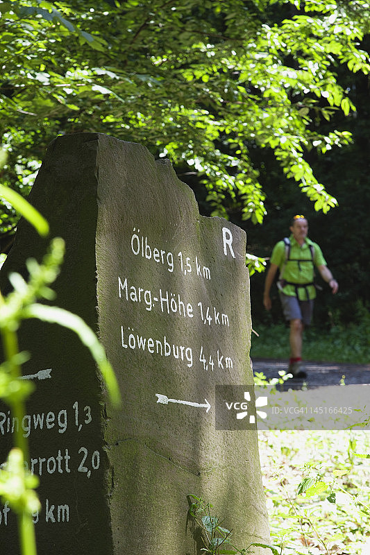欧洲德国北莱茵-威斯特法伦州远足小径标志，背景是远足者图片素材