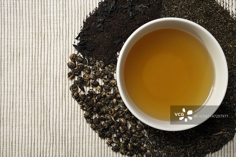 绿茶和茶叶的特写图片素材