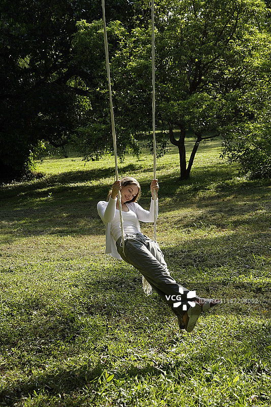 在树上的秋千上荡秋千的女人图片素材