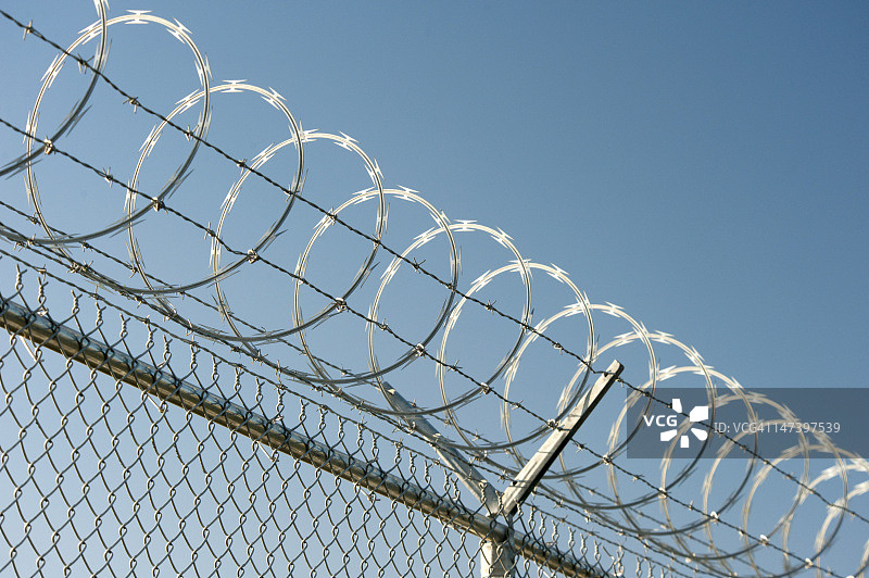 安全围栏顶部的铁丝网和带刺铁丝图片素材