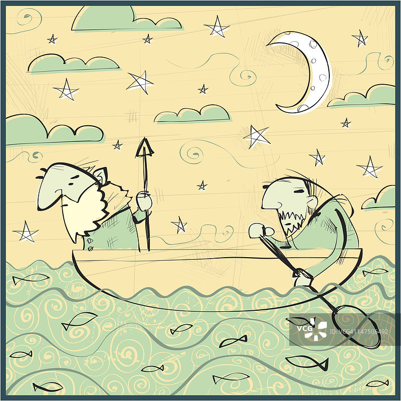 两名男子夜晚在渔船上用矛捕鱼图片素材