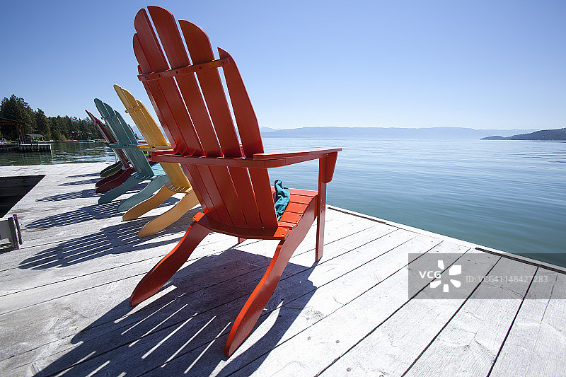 风景秀丽的湖边码头上的阿迪朗达克椅图片素材