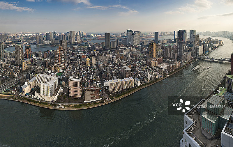 东京航拍全景：隅田川港口岛屿城市景观图片素材