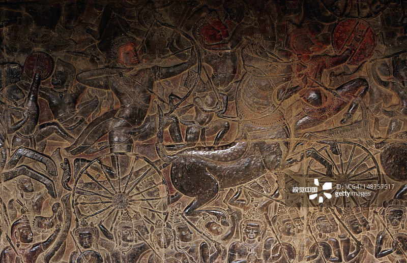 吴哥窟中央寺庙群外部800米长浮雕系列的细节图片素材
