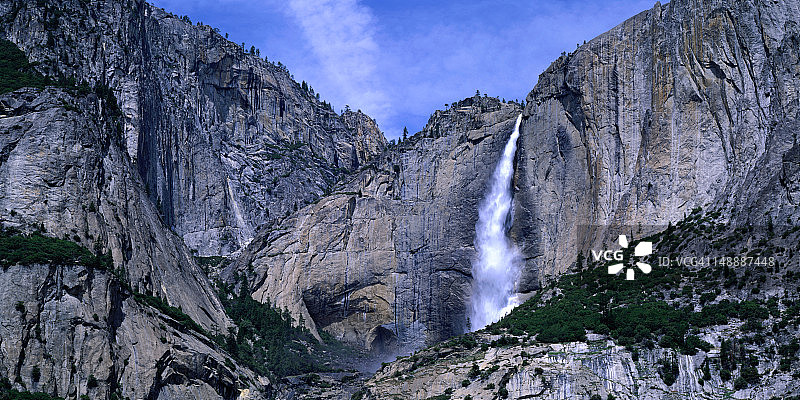 加利福尼亚州优胜美地国家公园陡峭的岩壁和优胜美地上瀑布图片素材