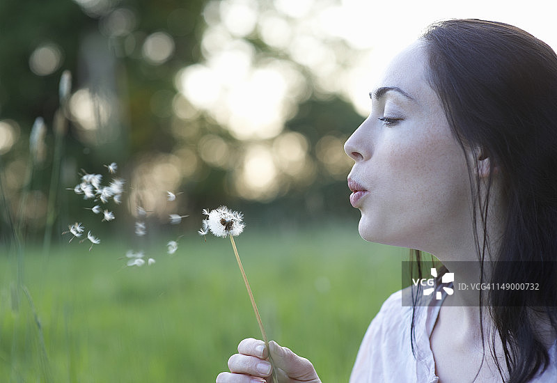 吹蒲公英的女人侧脸照图片素材