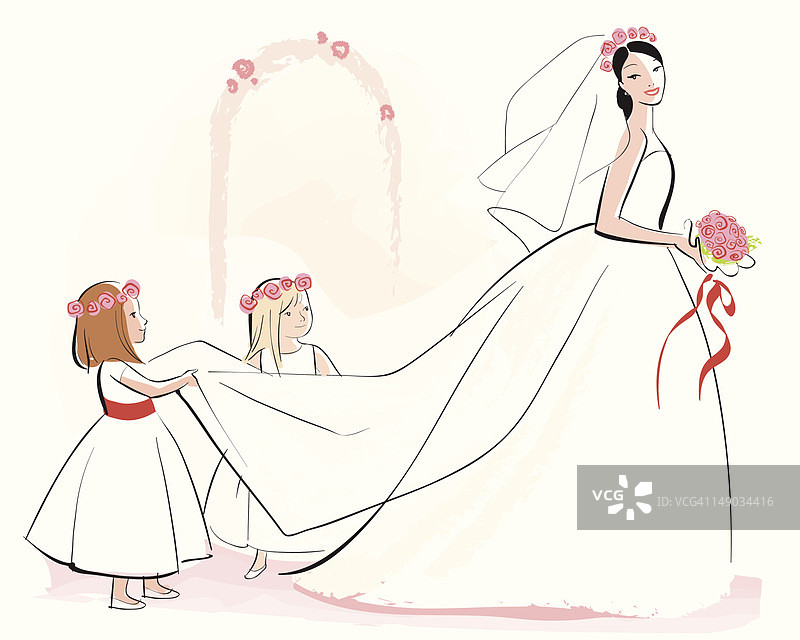 两个小花童整理新娘的婚纱图片素材