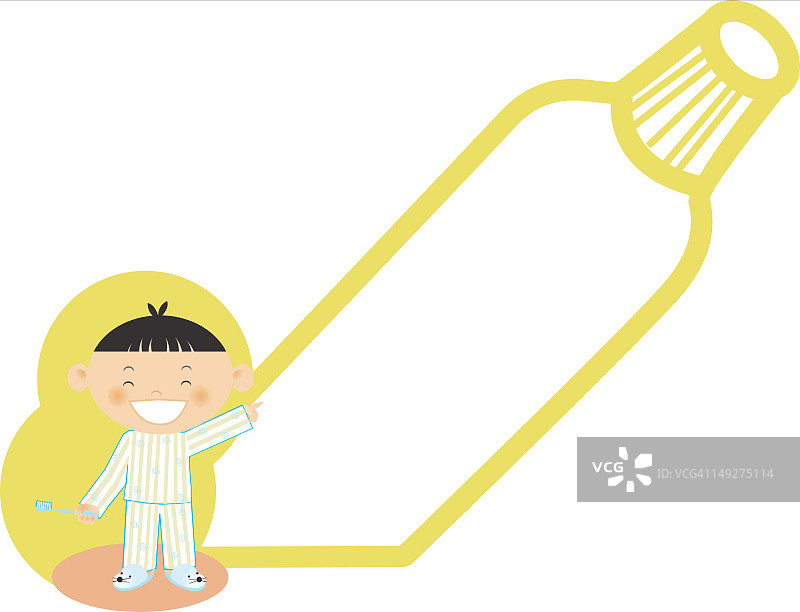 男孩拿着牙刷指着一管牙膏图片素材