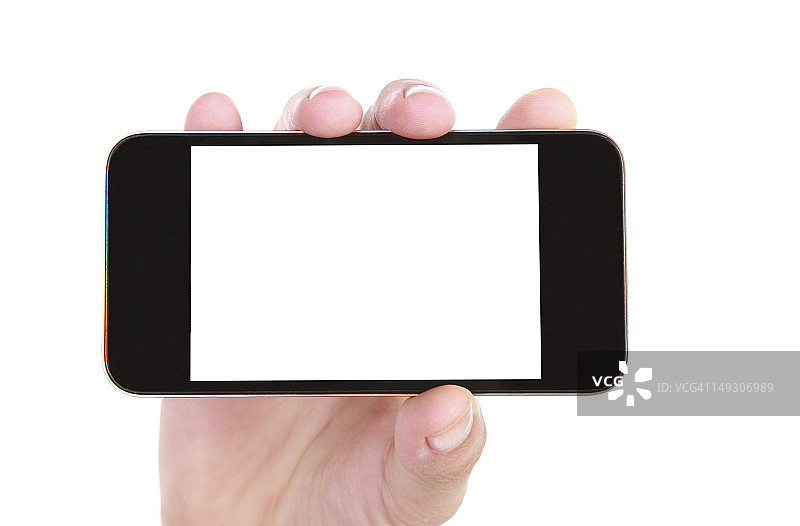 手持白色背景上的空白屏幕智能手机图片素材