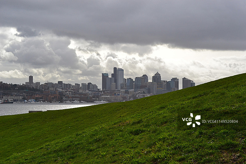 西雅图的绿色山丘和天际线图片素材