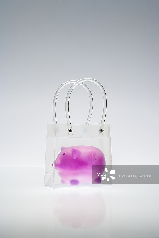 透明袋子里的粉色小猪存钱罐图片素材