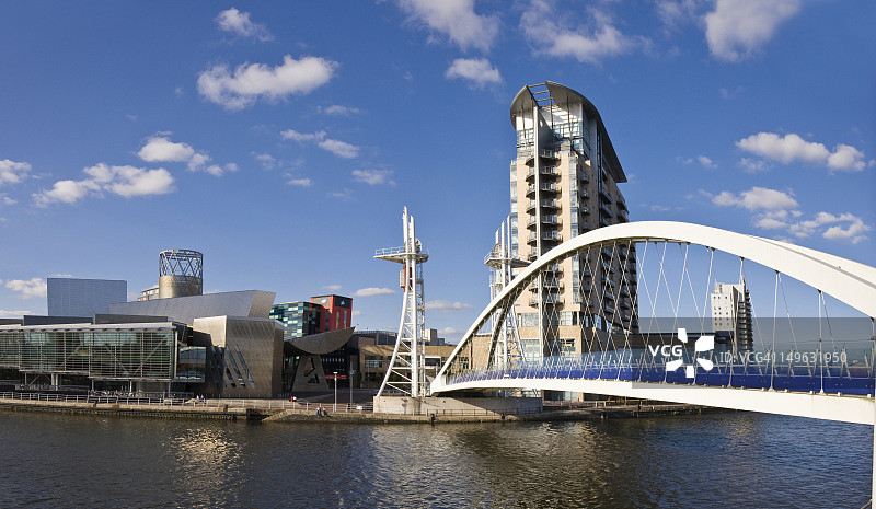 索尔福德码头、千禧人行桥和劳瑞艺术中心图片素材