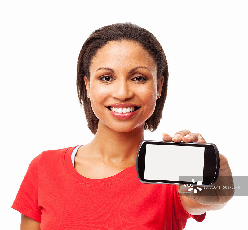 女人展示带空白屏幕的智能手机 - 隔离图片素材