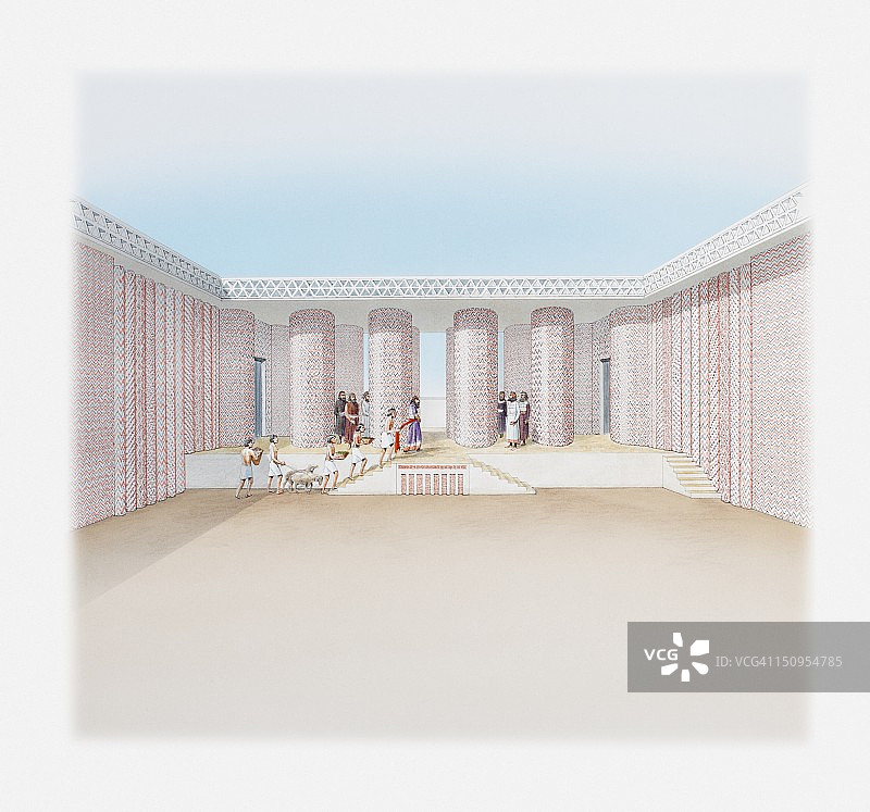 乌鲁克柱廊大厅和锥体镶嵌庭院重建插图，美索不达米亚南部（公元前3500-3000年）图片素材