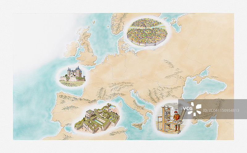 中世纪诺夫哥罗德索米尔城堡格拉纳达古腾堡印刷机插画图片素材