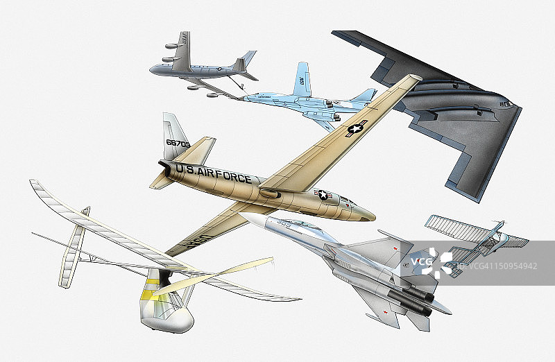 各种飞机的插图：道格拉斯DC-8为空中B-1飞机加油，U-2侦察机，B-2隐形轰炸机，麻省理工学院代达罗斯，苏霍伊Su-27，太阳能挑战者图片素材