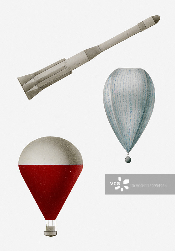 火箭、无线电探空仪气象气球和热气球插画图片素材