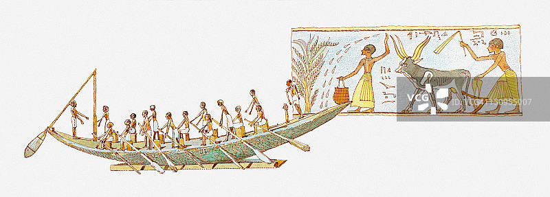 古埃及的船和农业场景绘画插画图片素材
