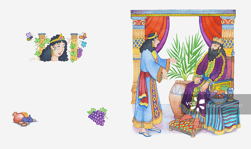 圣经场景插画：以斯帖王后说服亚哈随鲁国王帮助犹太人图片素材