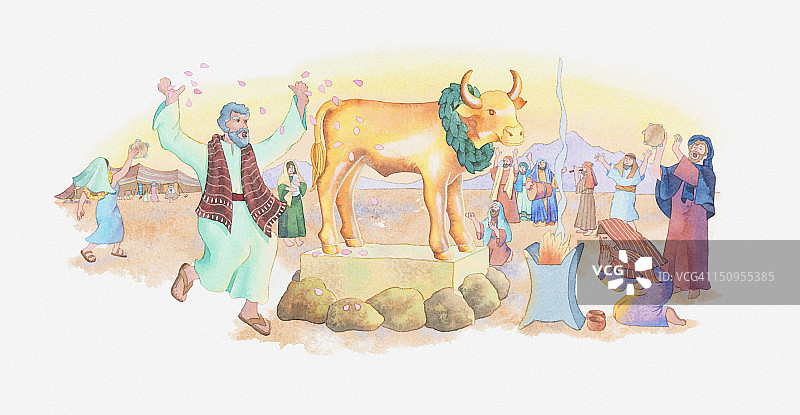 圣经场景插画，出埃及记31-32章，金牛犊，以色列人在摩西不在西奈山时崇拜偶像图片素材