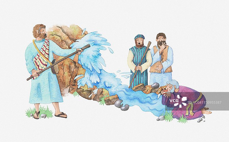 圣经场景插画：出埃及记17，磐石出水，摩西用杖击打磐石，为口渴的以色列人提供水图片素材