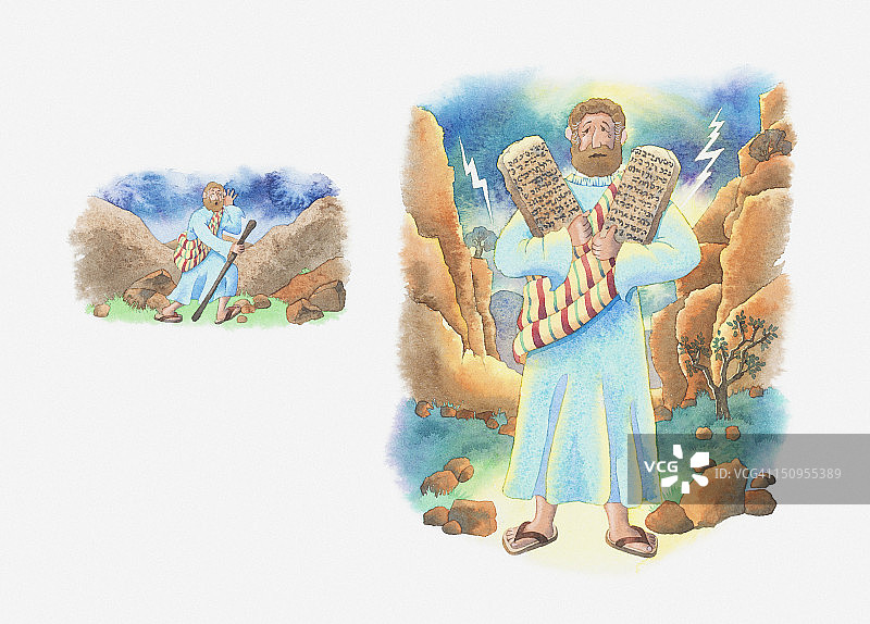 圣经场景插画：摩西登上西奈山接受十诫图片素材